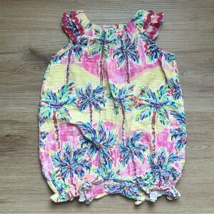 Pippa & Julie Tropical pink yellow Palm Tree Baby Bubble Romper 3–6M NWOT